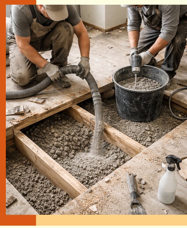 Заполнение пустот пола в Беслане полиуретаном и пенополистиролом